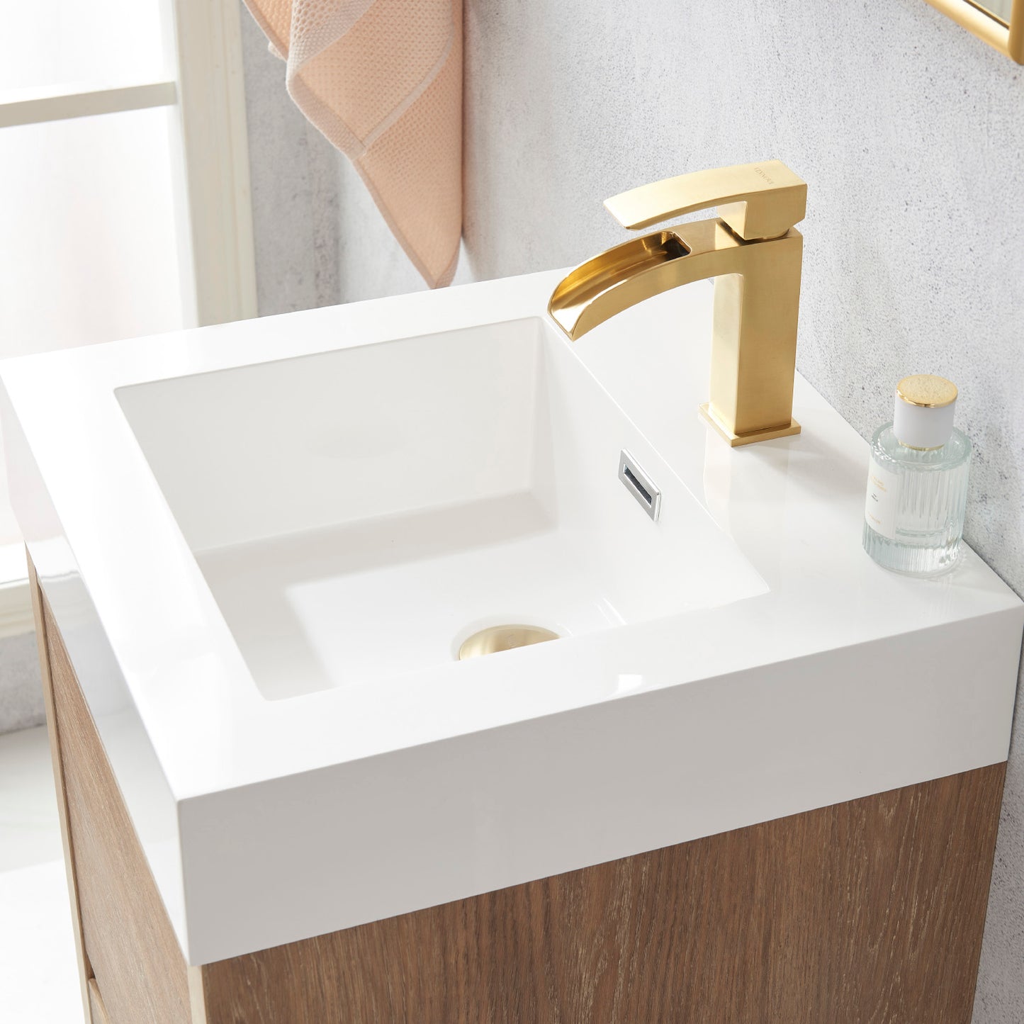 Huesca 18" Single Sink Bath Vanity in North American Oak with White Composite Integral Square Sink Top and Mirror