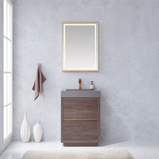 Huesca 24" Single Sink Bath Vanity in North Carolina Oak with Grey Composite Integral Square Sink Top and Mirror