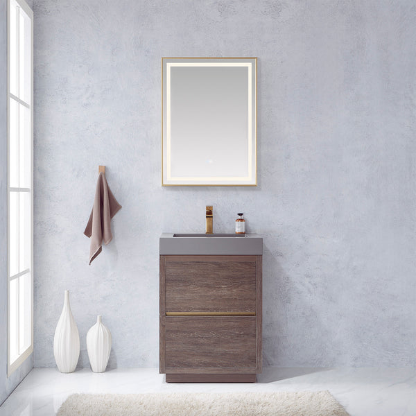 Huesca 24 Single Sink Bath Vanity in North Carolina Oak with Grey Composite Integral Square Sink Top and Mirror
