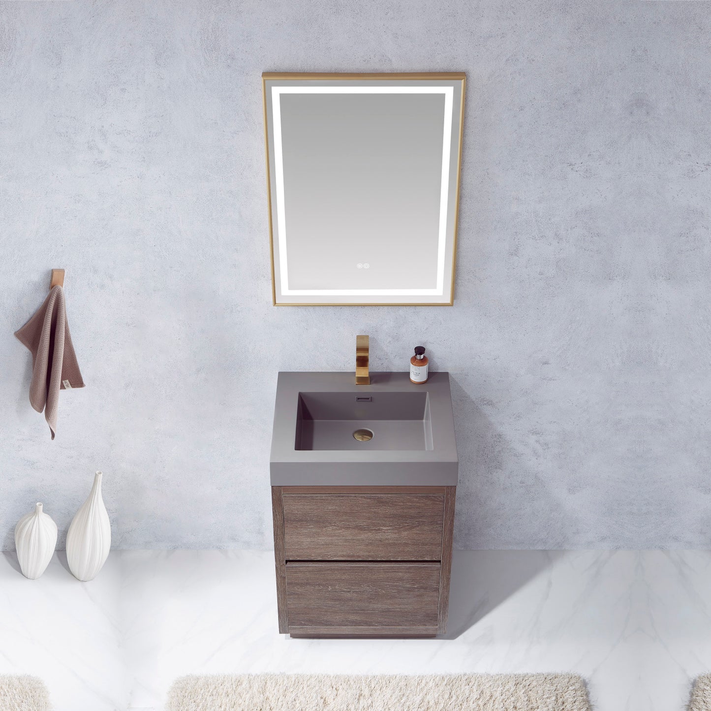 Huesca 24" Single Sink Bath Vanity in North Carolina Oak with Grey Composite Integral Square Sink Top and Mirror