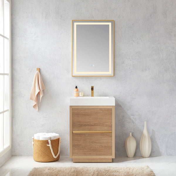 Huesca 24 Single Sink Bath Vanity in North American Oak with White Composite Integral Square Sink Top and Mirror
