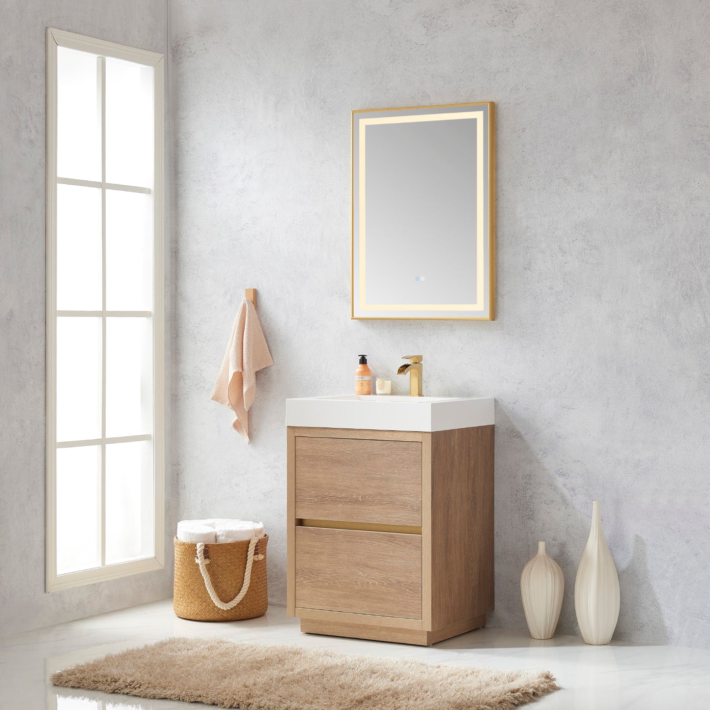 Huesca 24" Single Sink Bath Vanity in North American Oak with White Composite Integral Square Sink Top and Mirror