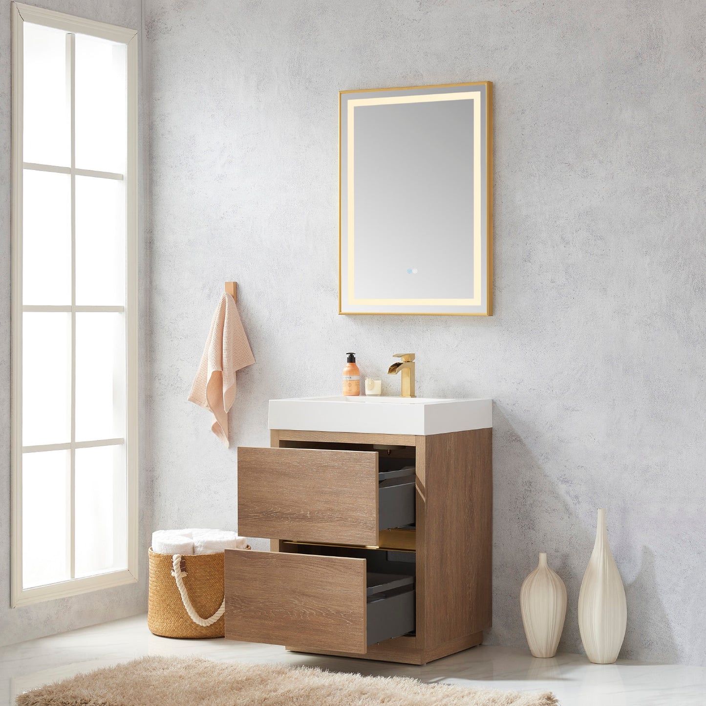 Huesca 24" Single Sink Bath Vanity in North American Oak with White Composite Integral Square Sink Top and Mirror