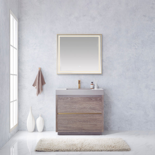 Huesca 36 Single Sink Bath Vanity in North Carolina Oak with Grey Composite Integral Square Sink Top and Mirror