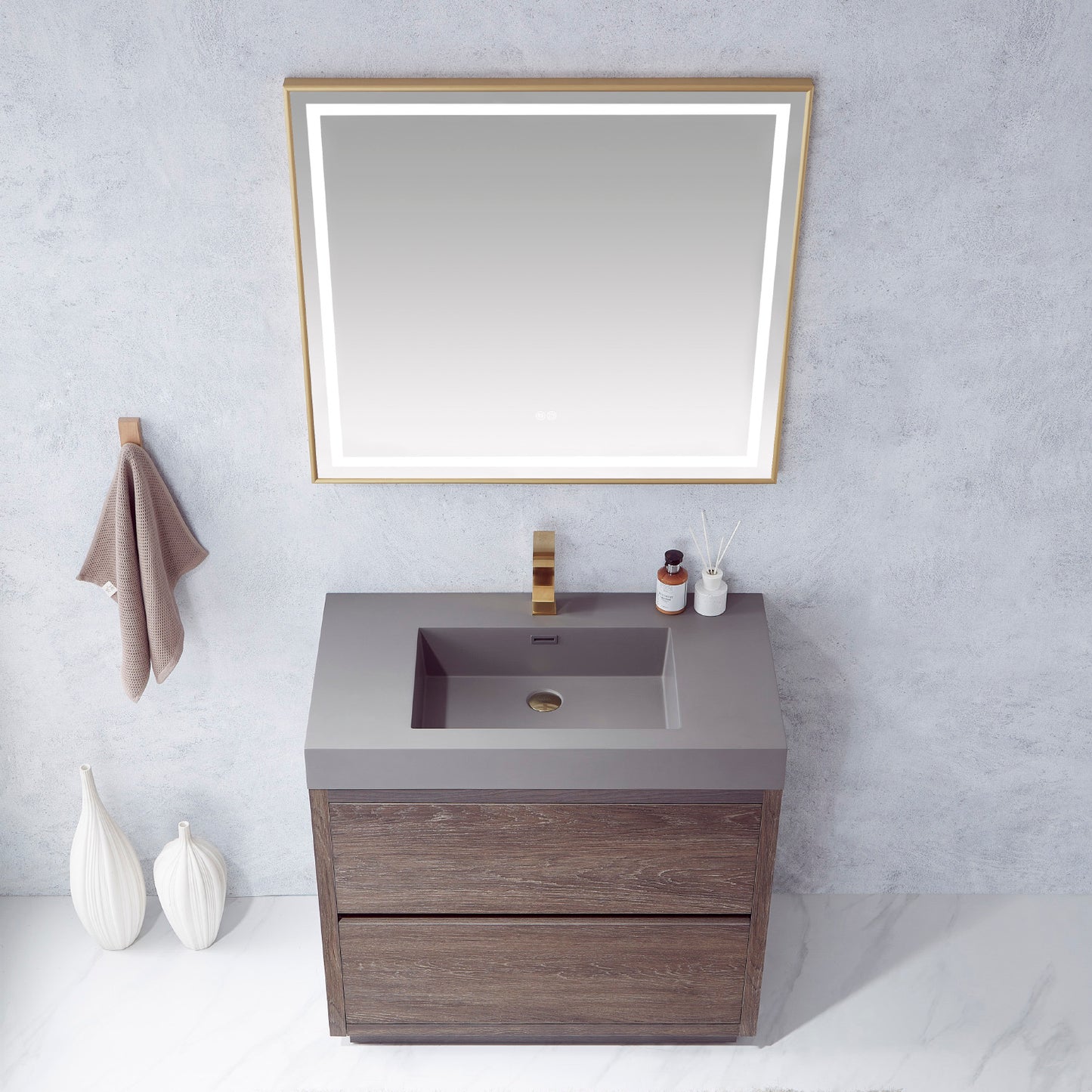 Huesca 36" Single Sink Bath Vanity in North Carolina Oak with Grey Composite Integral Square Sink Top and Mirror