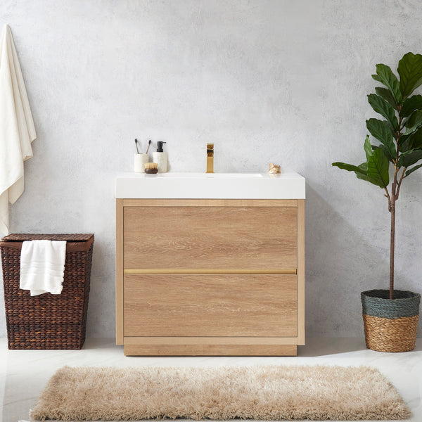 Huesca 36 Single Sink Bath Vanity in North American Oak with White Composite Integral Square Sink Top