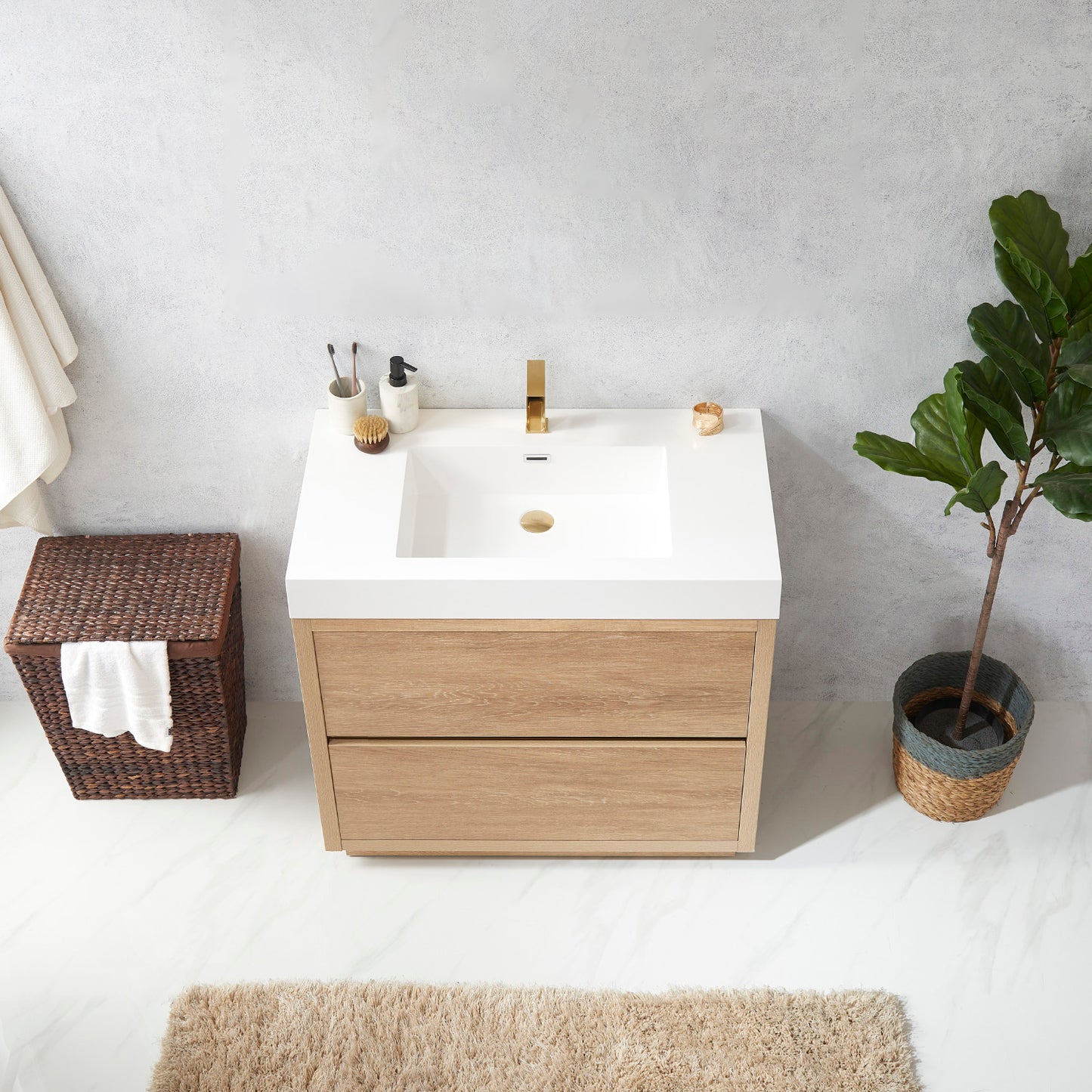 Huesca 36" Single Sink Bath Vanity in North American Oak with White Composite Integral Square Sink Top