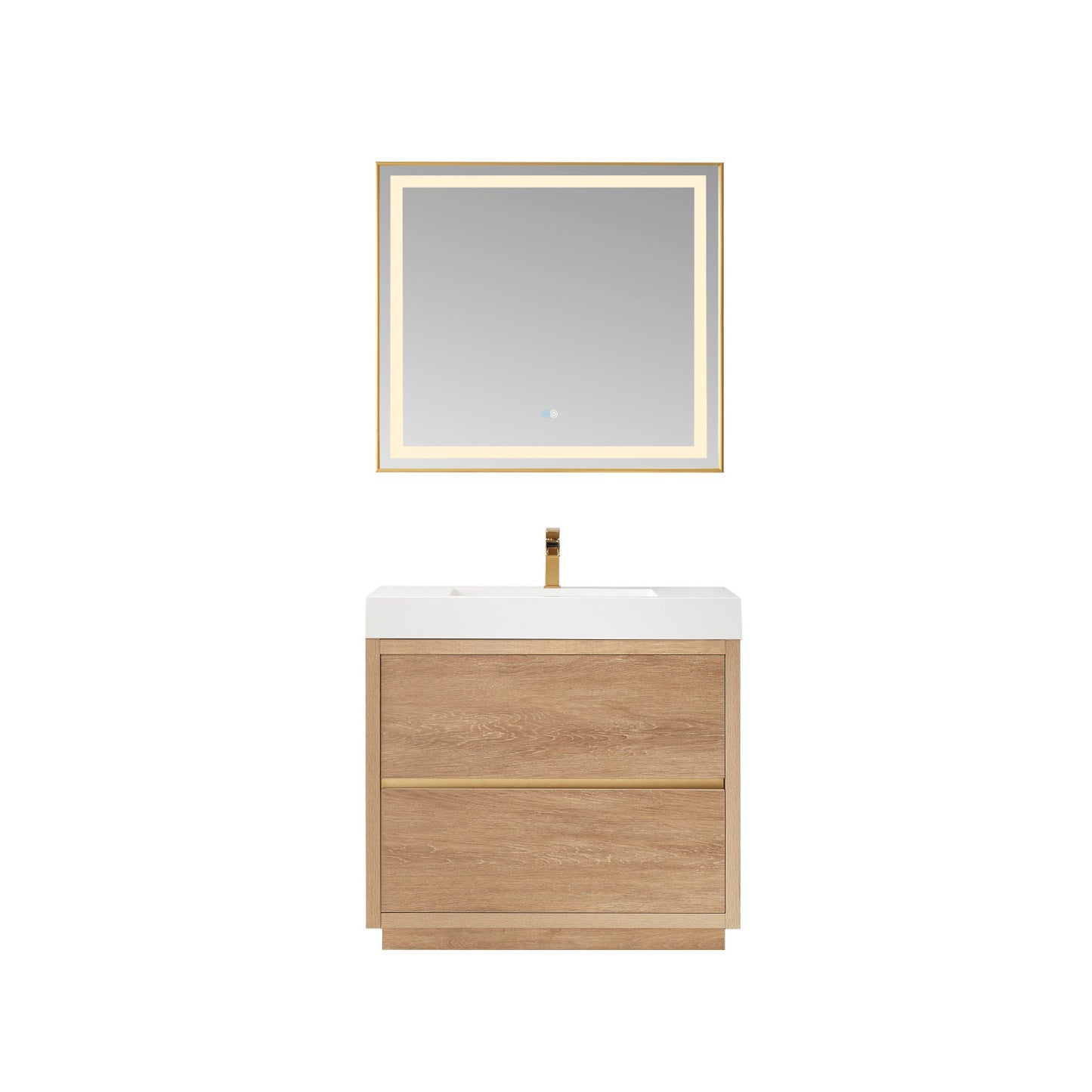 Huesca 36" Single Sink Bath Vanity in North American Oak with White Composite Integral Square Sink Top and Mirror