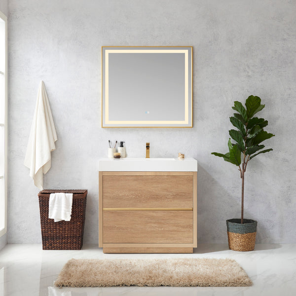 Huesca 36 Single Sink Bath Vanity in North American Oak with White Composite Integral Square Sink Top and Mirror