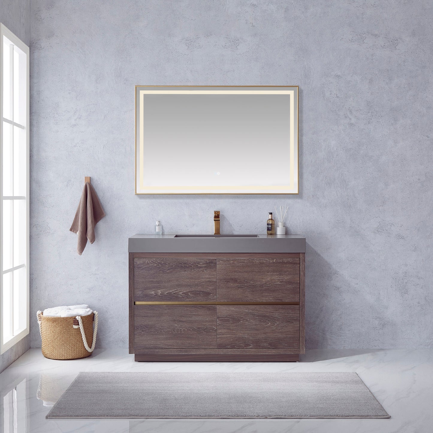 Huesca 48" Single Sink Bath Vanity in North Carolina Oak with Grey Composite Integral Square Sink Top and Mirror