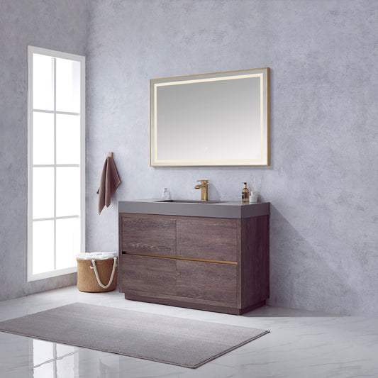 Huesca 48" Single Sink Bath Vanity in North Carolina Oak with Grey Composite Integral Square Sink Top and Mirror