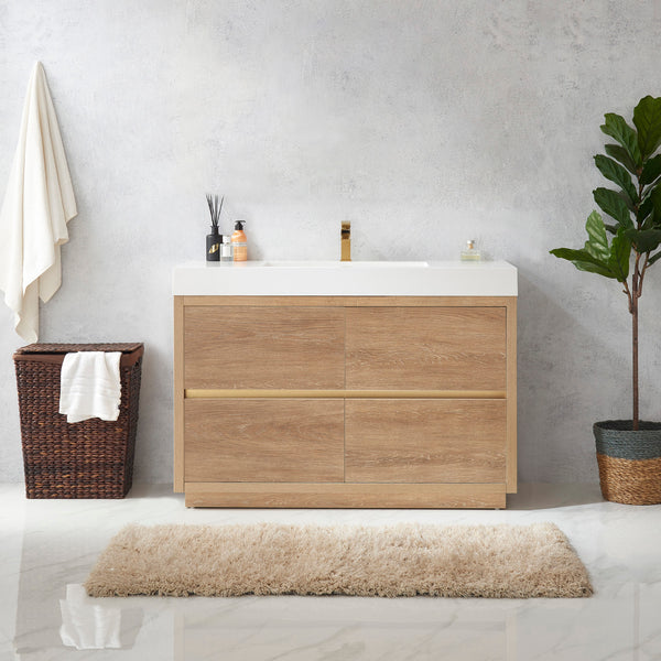 Huesca 48 Single Sink Bath Vanity in North American Oak with White Composite Integral Square Sink Top