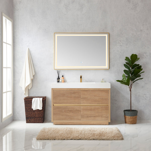 Huesca 48 Single Sink Bath Vanity in North American Oak with White Composite Integral Square Sink Top and Mirror