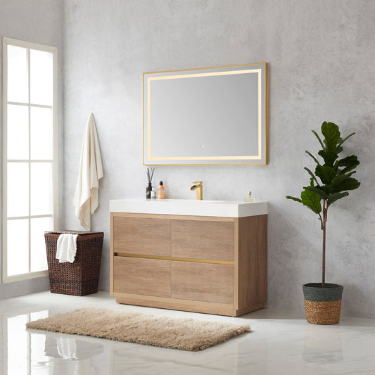 Huesca 48" Single Sink Bath Vanity in North American Oak with White Composite Integral Square Sink Top and Mirror
