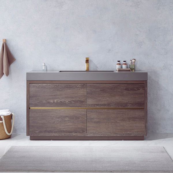 Huesca 60 Single Sink Bath Vanity in North Carolina Oak with Grey Composite Integral Square Sink Top