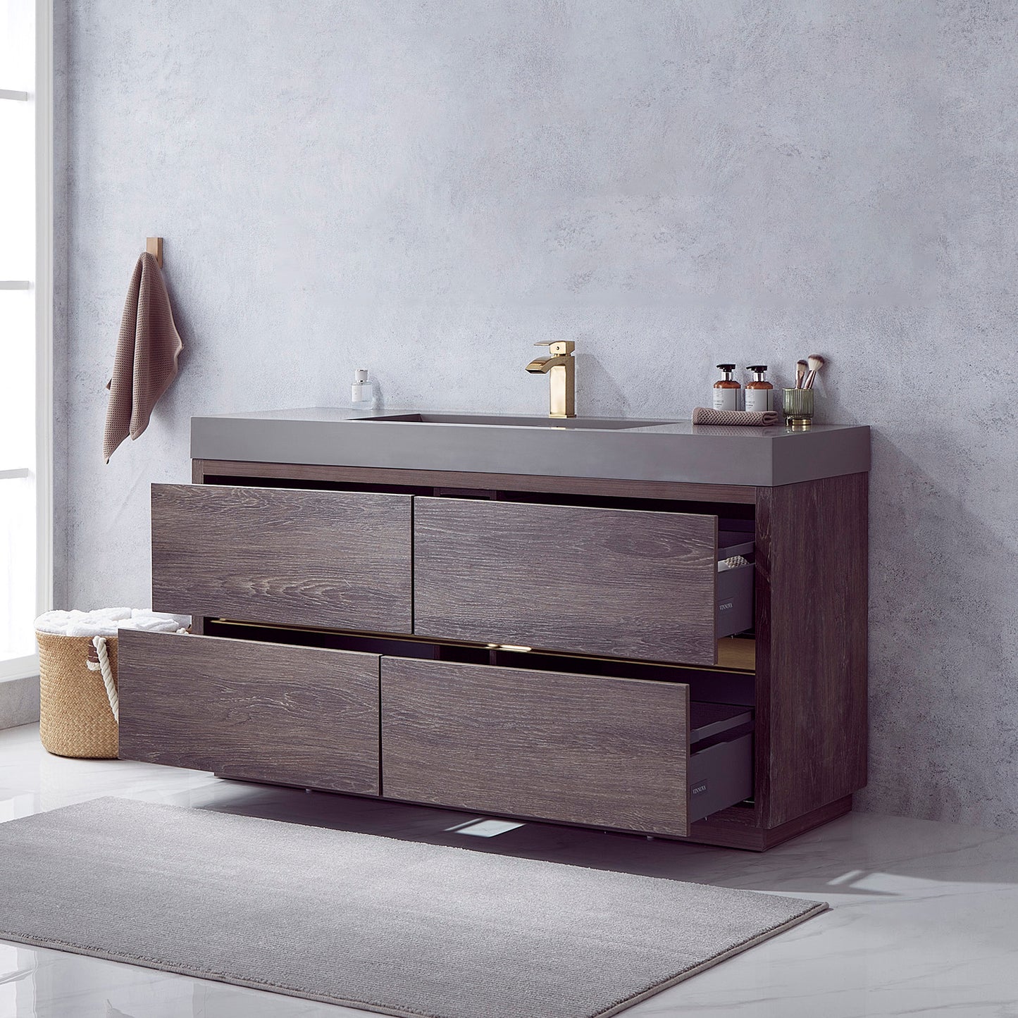 Huesca 60" Single Sink Bath Vanity in North Carolina Oak with Grey Composite Integral Square Sink Top