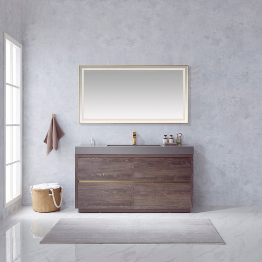 Huesca 60" Single Sink Bath Vanity in North Carolina Oak with Grey Composite Integral Square Sink Top and Mirror
