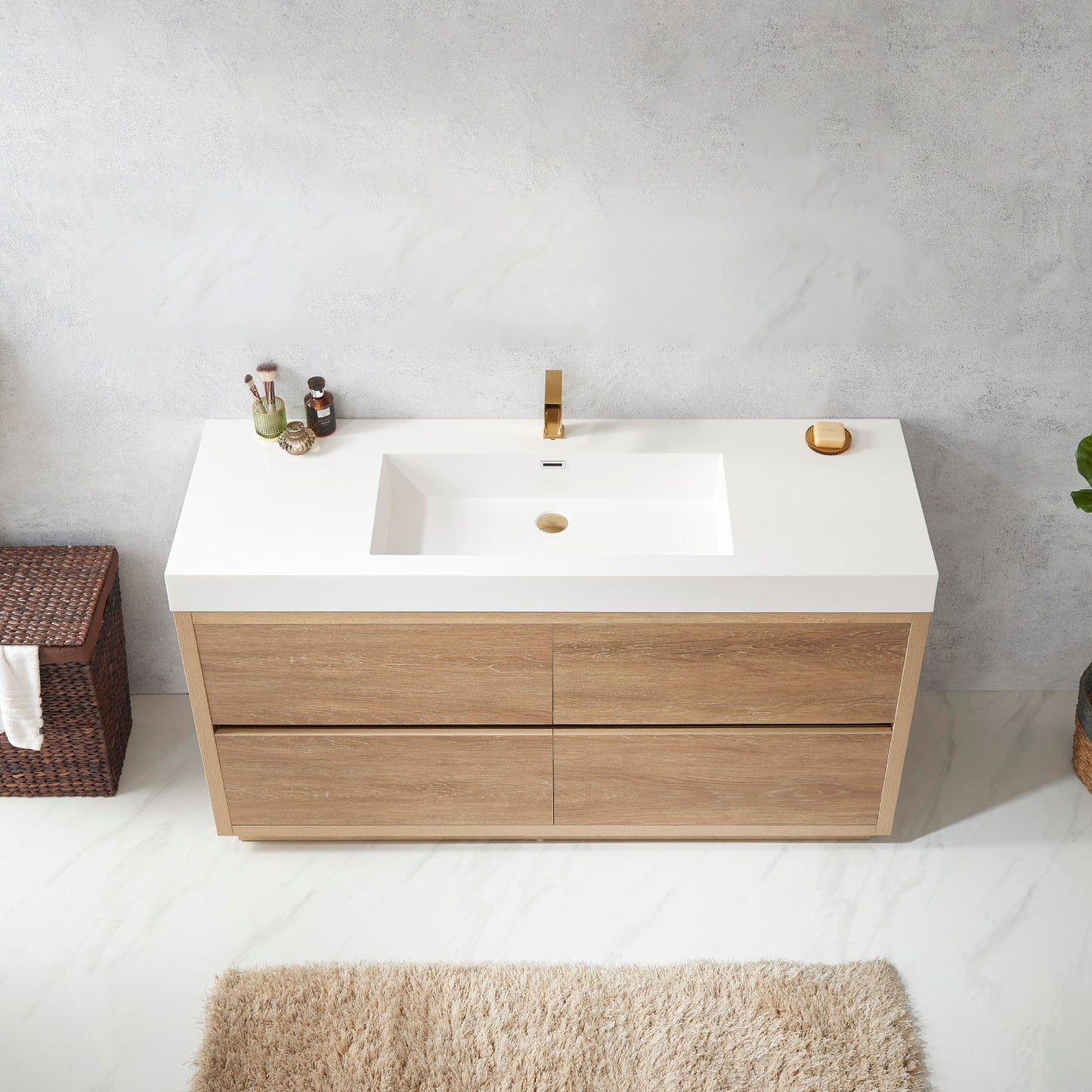 Huesca 60" Single Sink Bath Vanity in North American Oak with White Composite Integral Square Sink Top