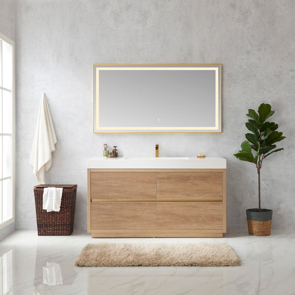 Huesca 60 Single Sink Bath Vanity in North American Oak with White Composite Integral Square Sink Top and Mirror