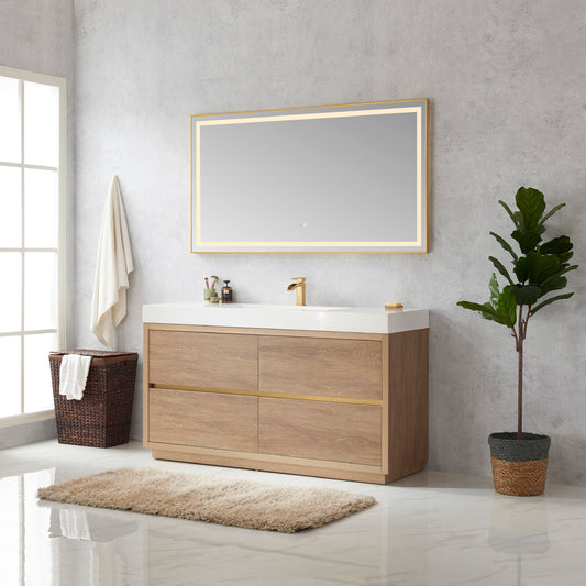 Huesca 60" Single Sink Bath Vanity in North American Oak with White Composite Integral Square Sink Top and Mirror