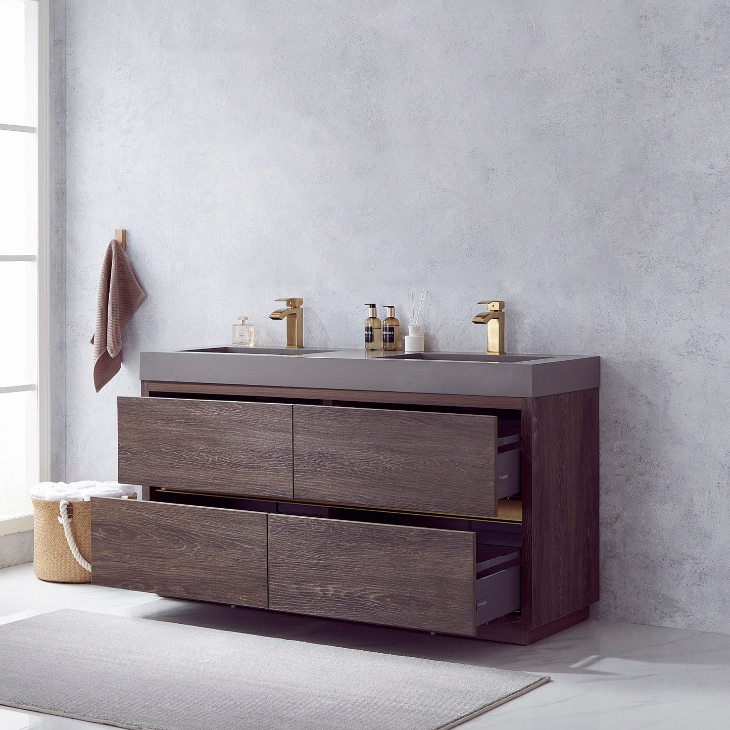 Huesca 60M" Double Sink Bath Vanity in North Carolina Oak with Grey Composite Integral Square Sink Top