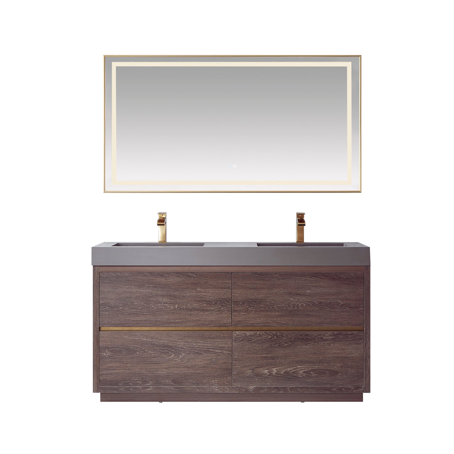 Huesca 60M" Double Sink Bath Vanity in North Carolina Oak with Grey Composite Integral Square Sink Top and Mirror