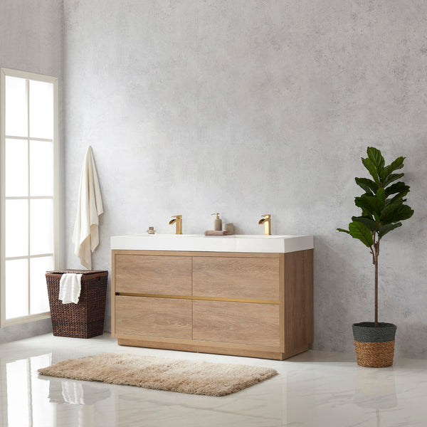 Huesca 60M Double Sink Bath Vanity in North American Oak with White Composite Integral Square Sink Top