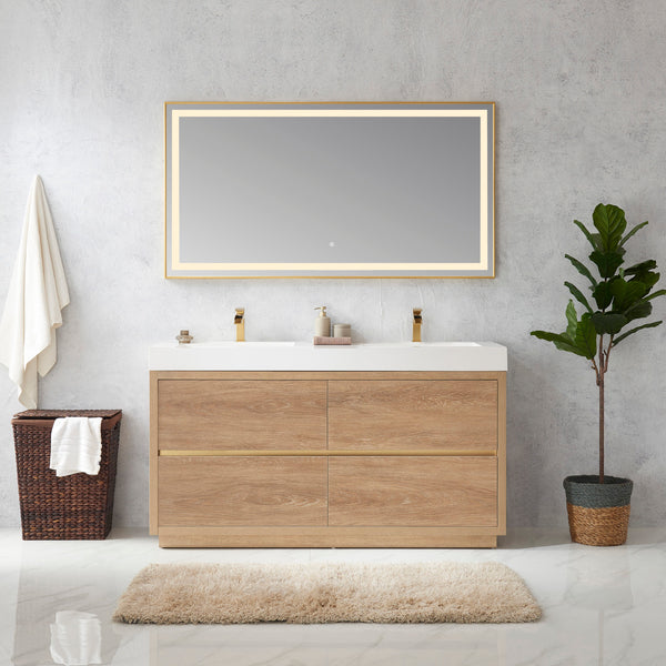 Huesca 60M Double Sink Bath Vanity in North American Oak with White Composite Integral Square Sink Top and Mirror