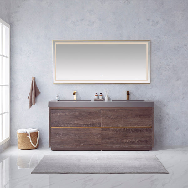 Huesca 72 Double Sink Bath Vanity in North Carolina Oak with Grey Composite Integral Square Sink Top and Mirror