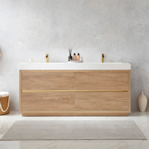 Huesca 72 Double Sink Bath Vanity in North American Oak with White Composite Integral Square Sink Top