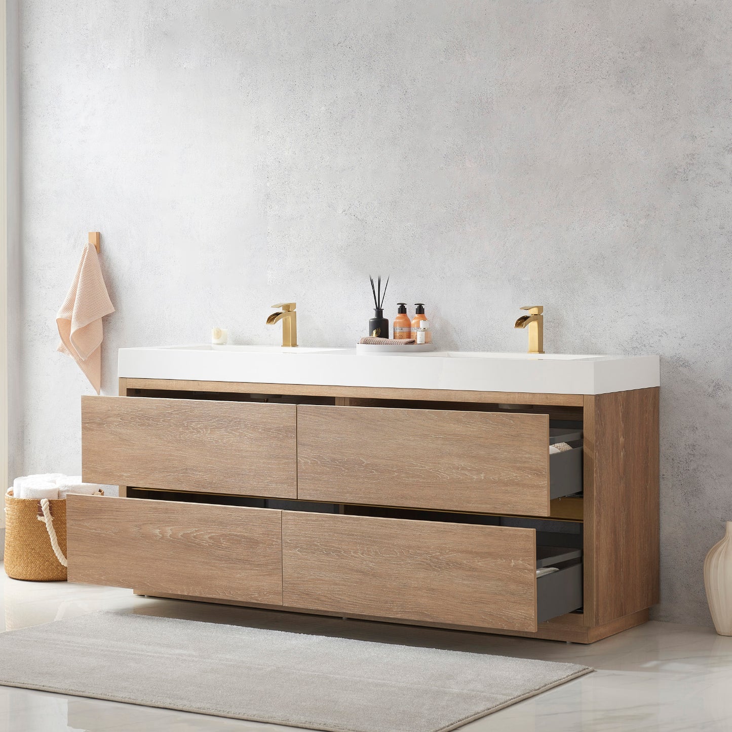 Huesca 72" Double Sink Bath Vanity in North American Oak with White Composite Integral Square Sink Top