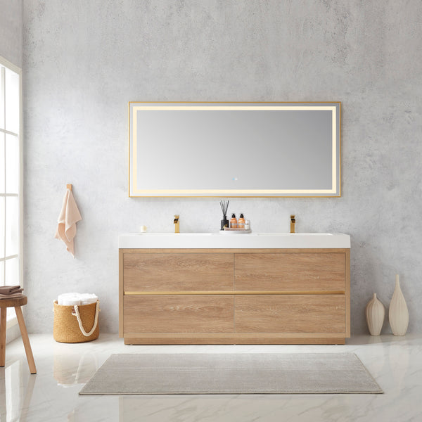 Huesca 72 Double Sink Bath Vanity in North American Oak with White Composite Integral Square Sink Top and Mirror