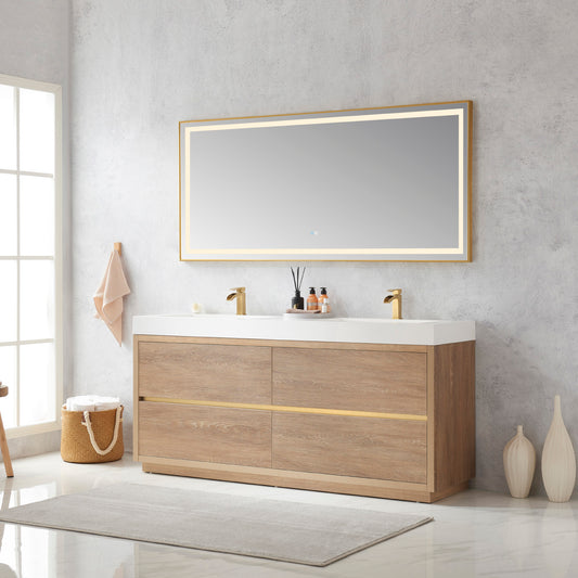Huesca 72" Double Sink Bath Vanity in North American Oak with White Composite Integral Square Sink Top and Mirror