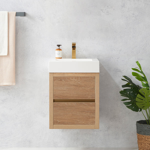 Palencia 18 Single Sink Wall-Mount Bath Vanity in North American Oak with White Composite Integral Square Sink Top