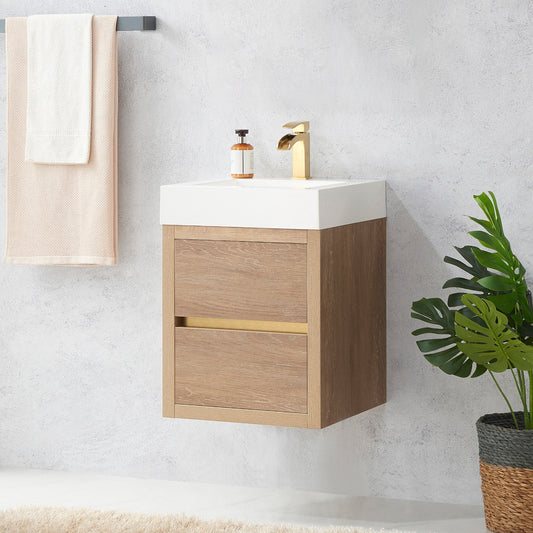 Palencia 18" Single Sink Wall-Mount Bath Vanity in North American Oak with White Composite Integral Square Sink Top