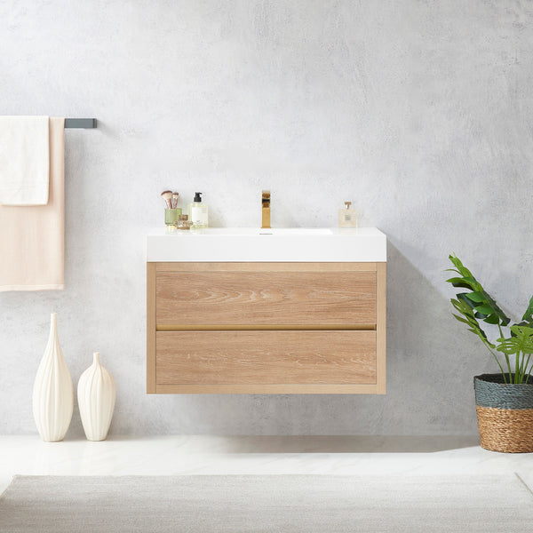 Palencia 36 Single Sink Wall-Mount Bath Vanity in North American Oak with White Composite Integral Square Sink Top