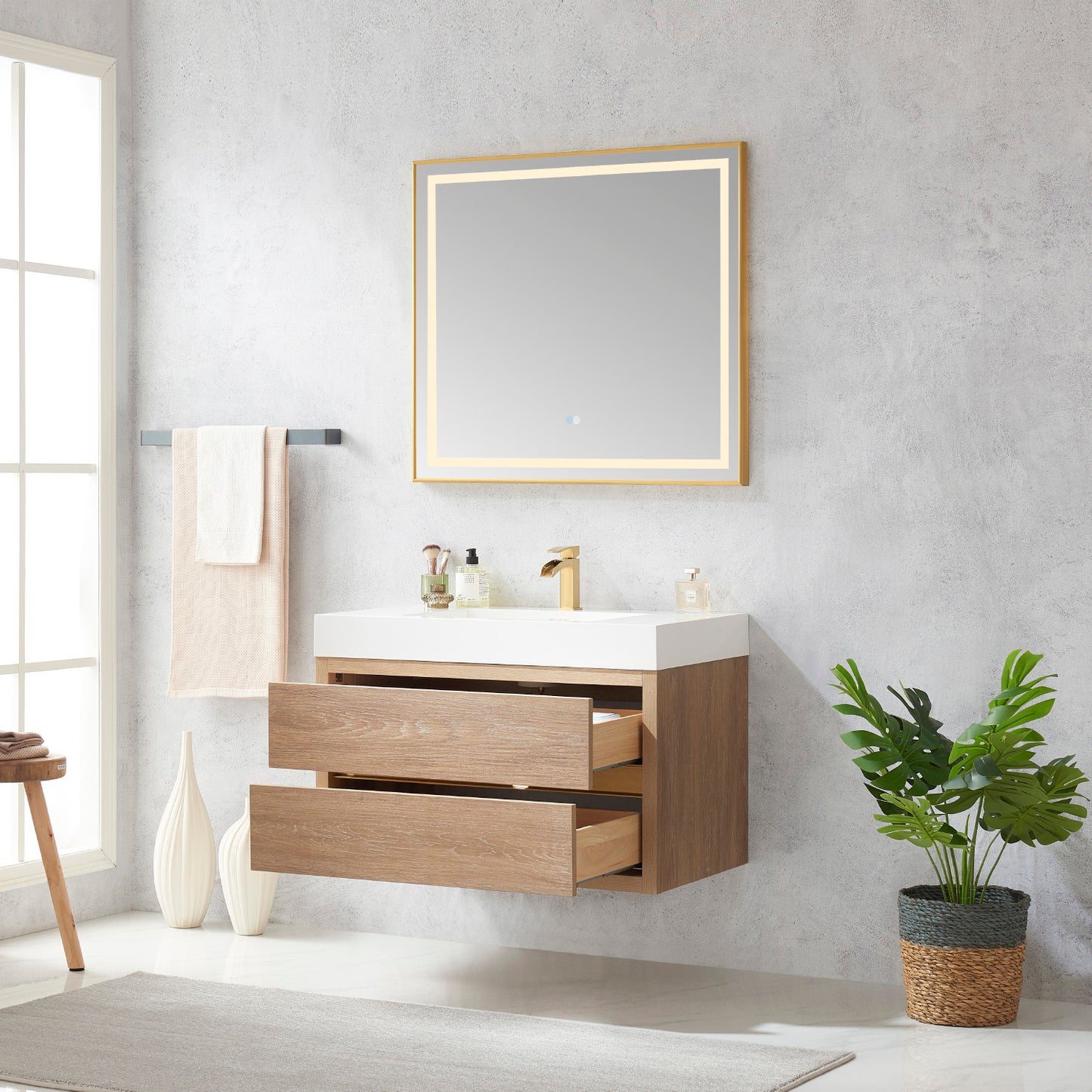 Palencia 36" Single Sink Wall-Mount Bath Vanity in North American Oak with White Composite Integral Square Sink Top and Mirror