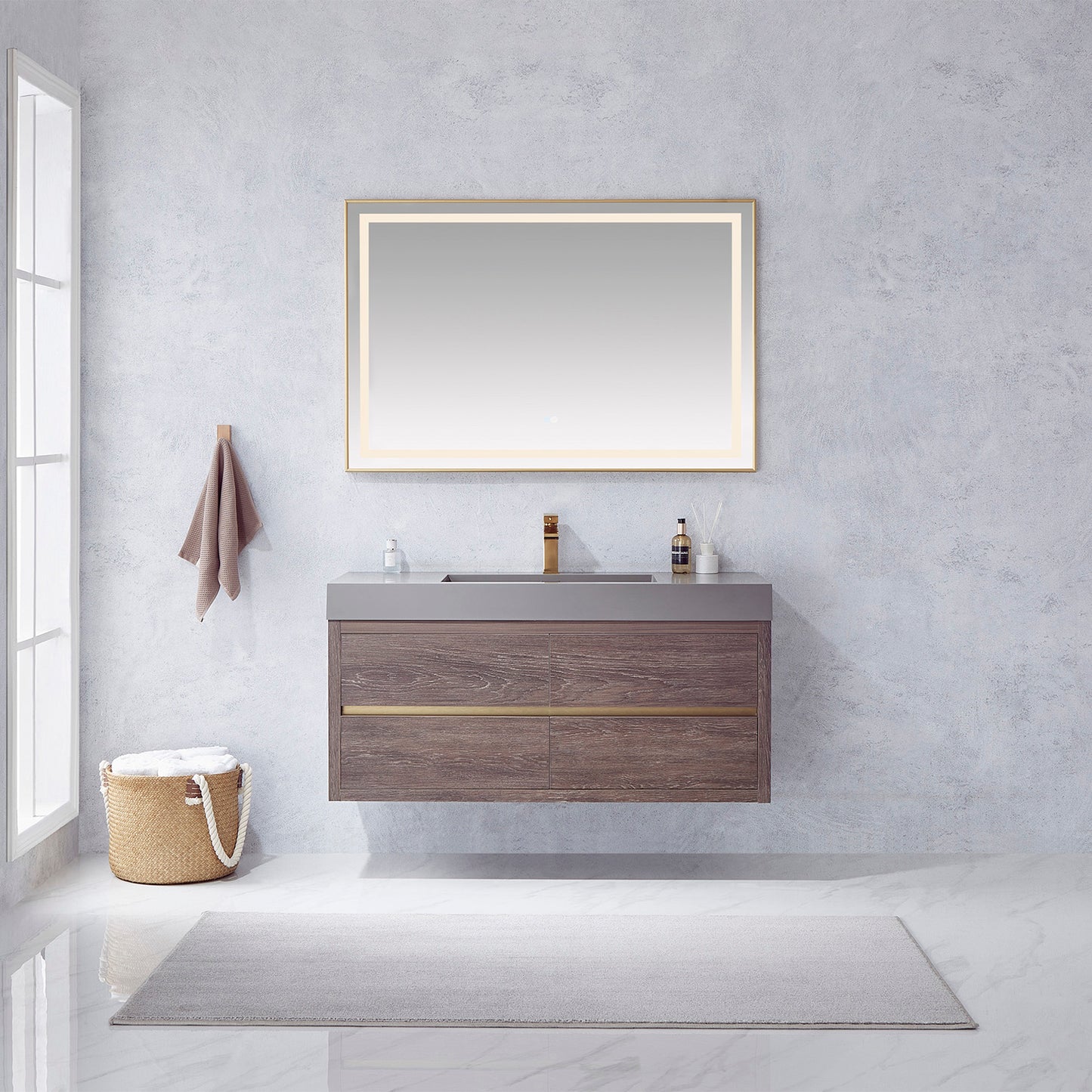 Palencia 48" Single Sink Wall-Mount Bath Vanity in North Carolina Oak with Grey Composite Integral Square Sink Top and Mirror