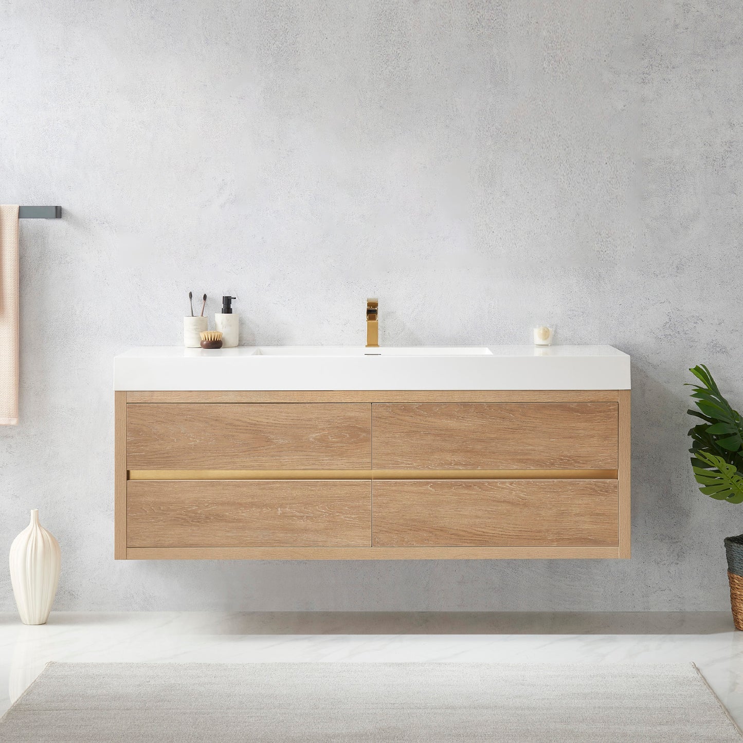 Palencia 60" Single Sink Wall-Mount Bath Vanity in North American Oak with White Composite Integral Square Sink Top