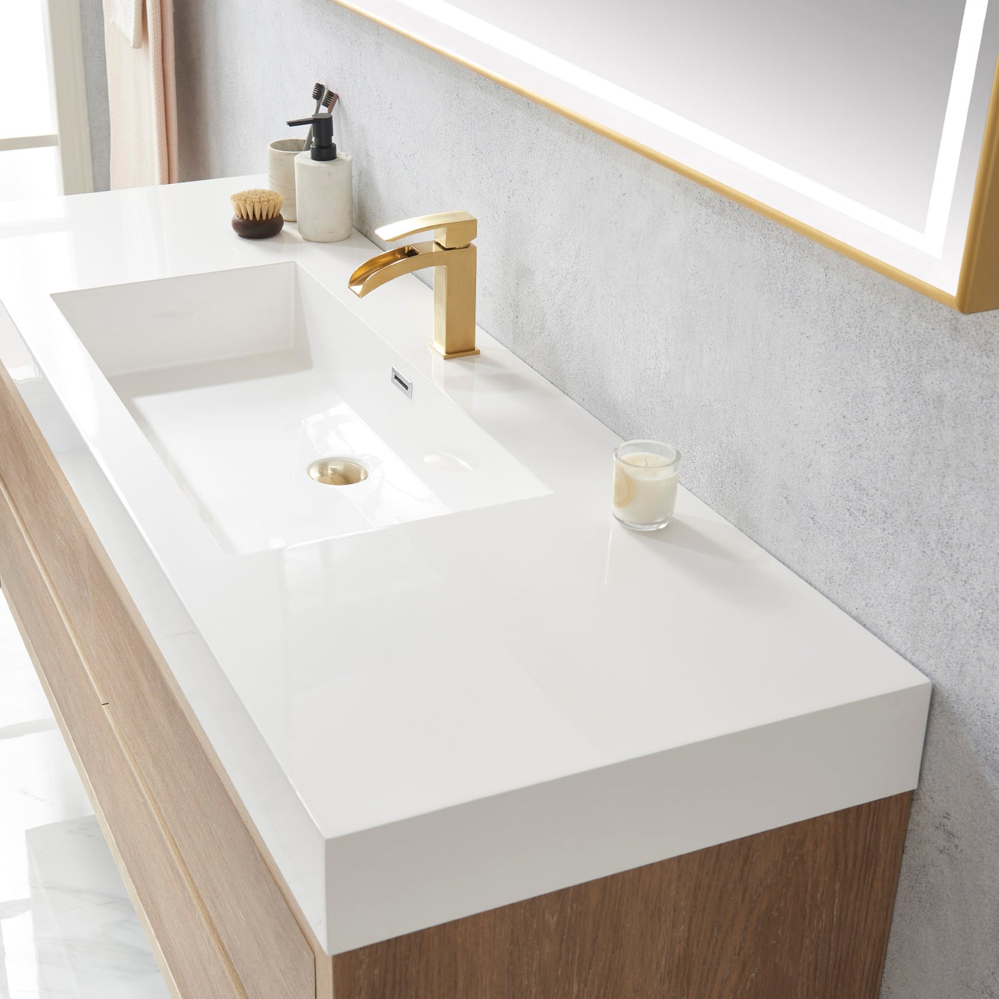 Palencia 60" Single Sink Wall-Mount Bath Vanity in North American Oak with White Composite Integral Square Sink Top and Mirror