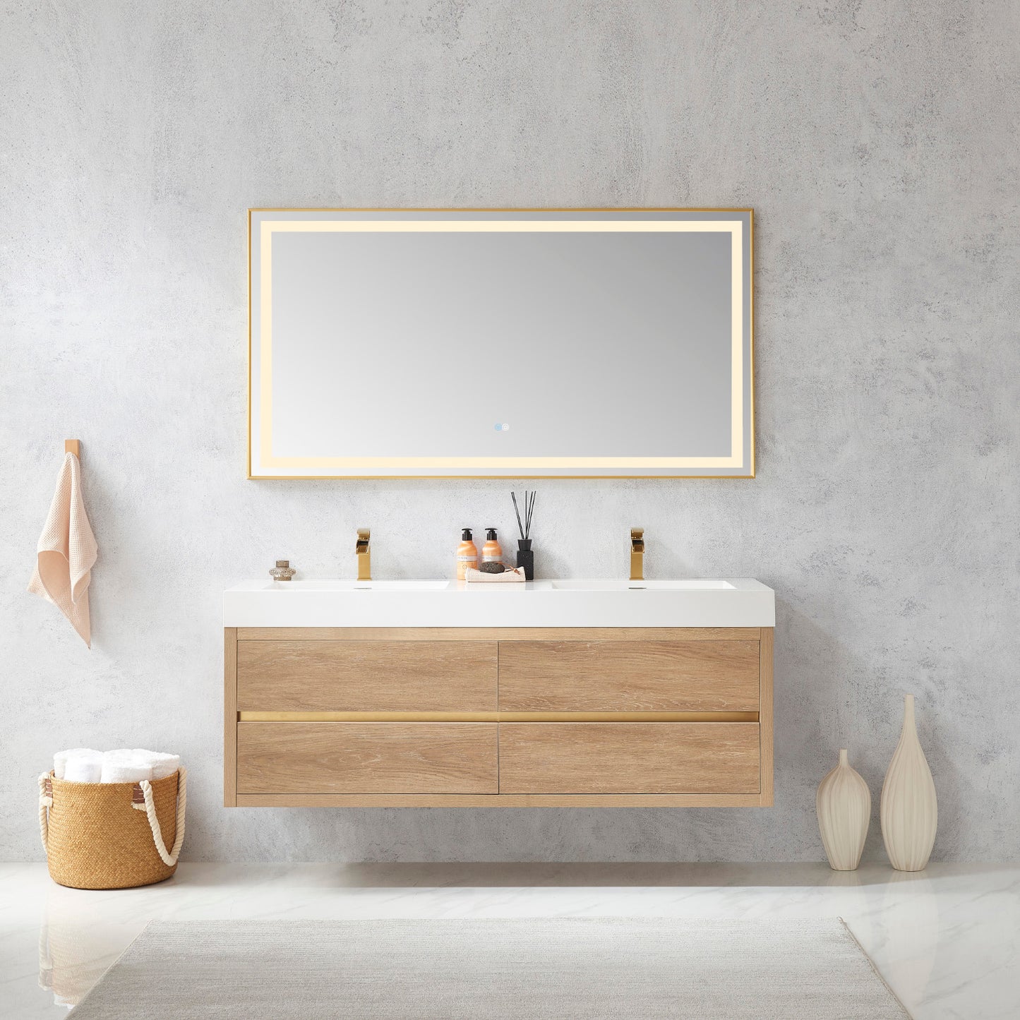 Palencia 60M" Double Sink Wall-Mount Bath Vanity in North American Oak with White Composite Integral Square Sink Top and Mirror