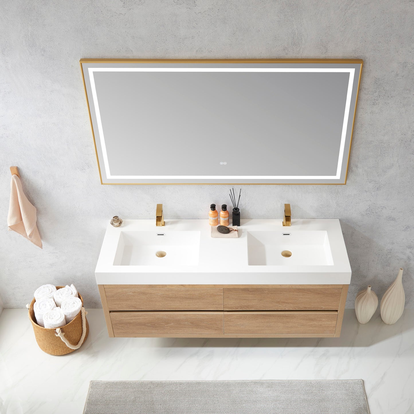 Palencia 60M" Double Sink Wall-Mount Bath Vanity in North American Oak with White Composite Integral Square Sink Top and Mirror