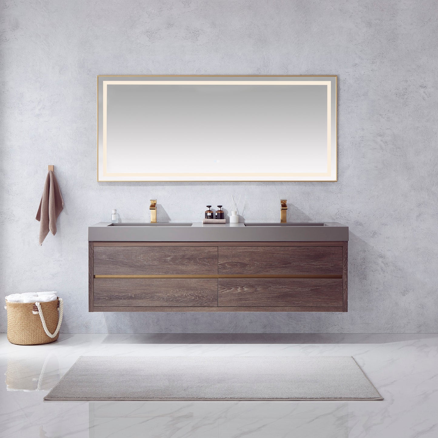 Palencia 72" Double Sink Wall-Mount Bath Vanity in North Carolina Oak with Grey Composite Integral Square Sink Top and Mirror