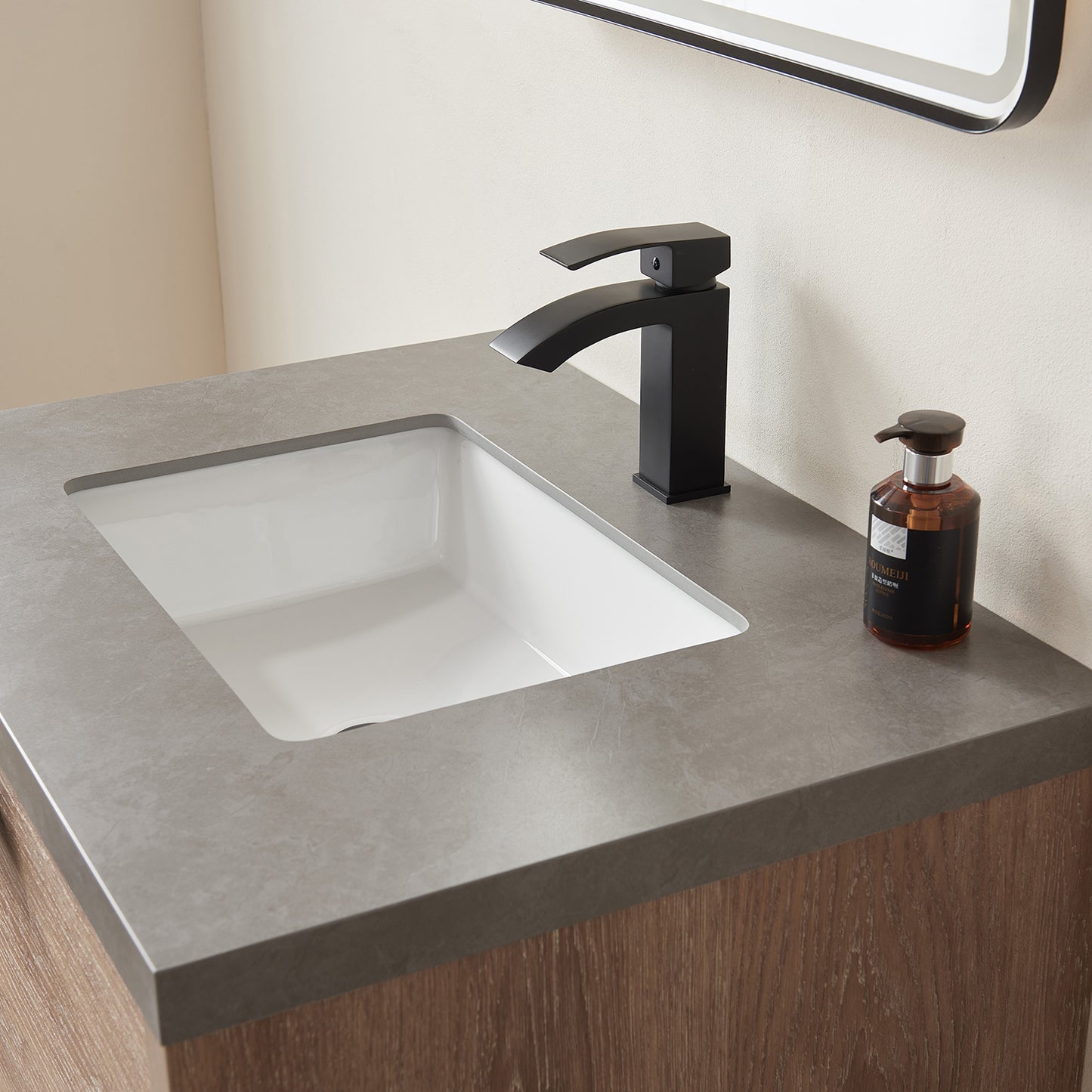 Carcastillo 30" Single Sink Bath Vanity in North American Oak with Grey Sintered Stone Top and Mirror