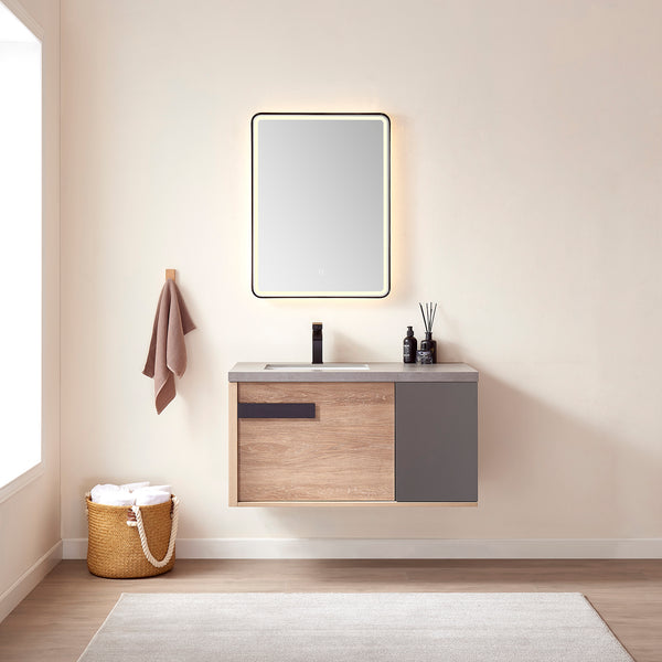 Carcastillo 40 Single Sink Bath Vanity in North American Oak with Grey Sintered Stone Top and Mirror