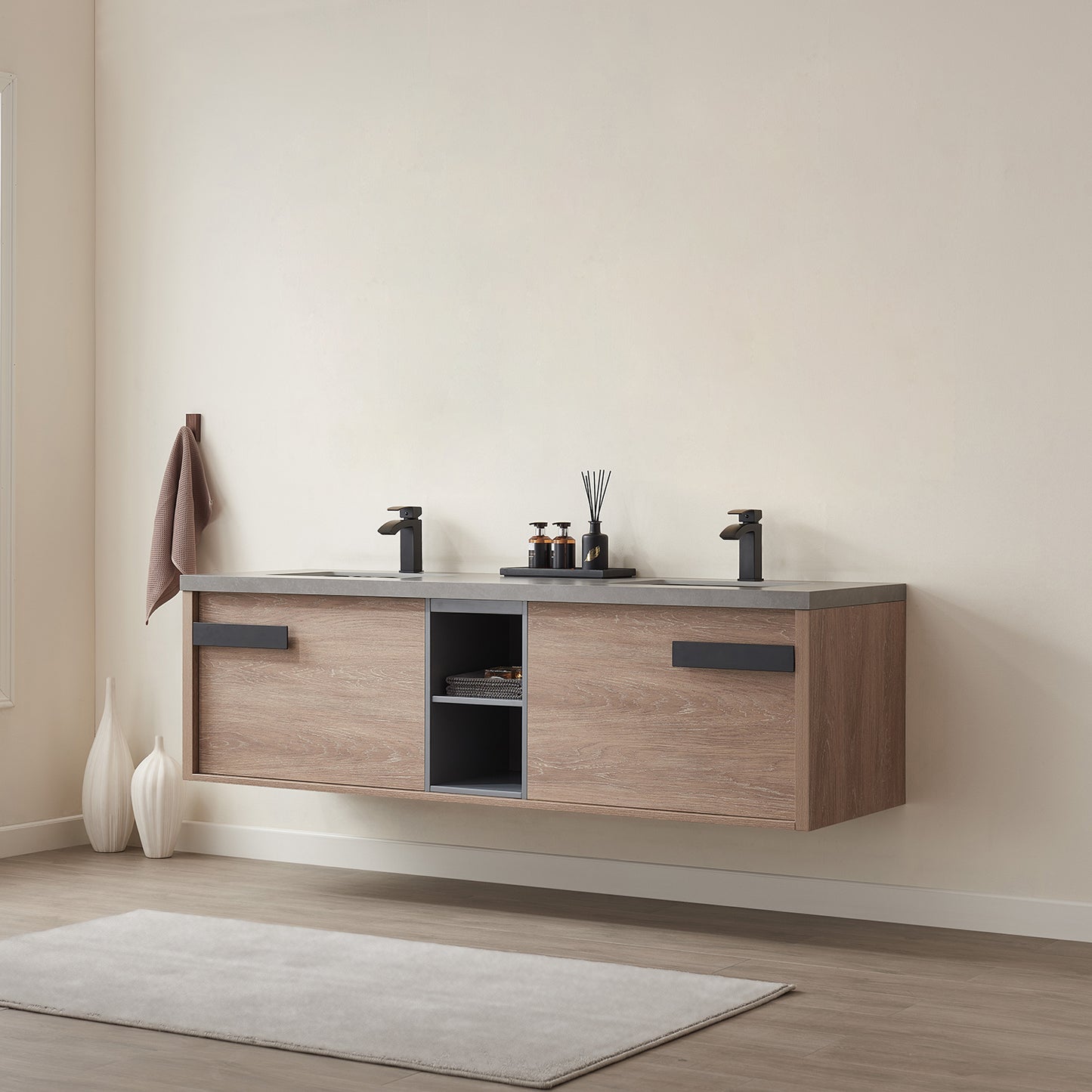 Carcastillo 72" Double Sink Bath Vanity in North American Oak with Grey Sintered Stone Top