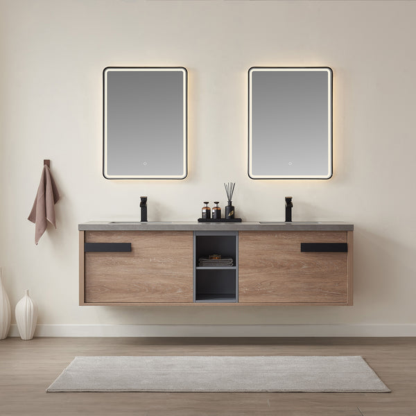 Carcastillo 72 Double Sink Bath Vanity in North American Oak with Grey Sintered Stone Top and Mirror