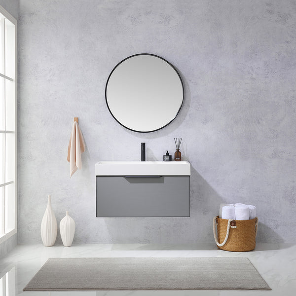 Vegadeo 36 Single Sink Bath Vanity in Grey with White One-Piece Composite Stone Sink Top and Mirror
