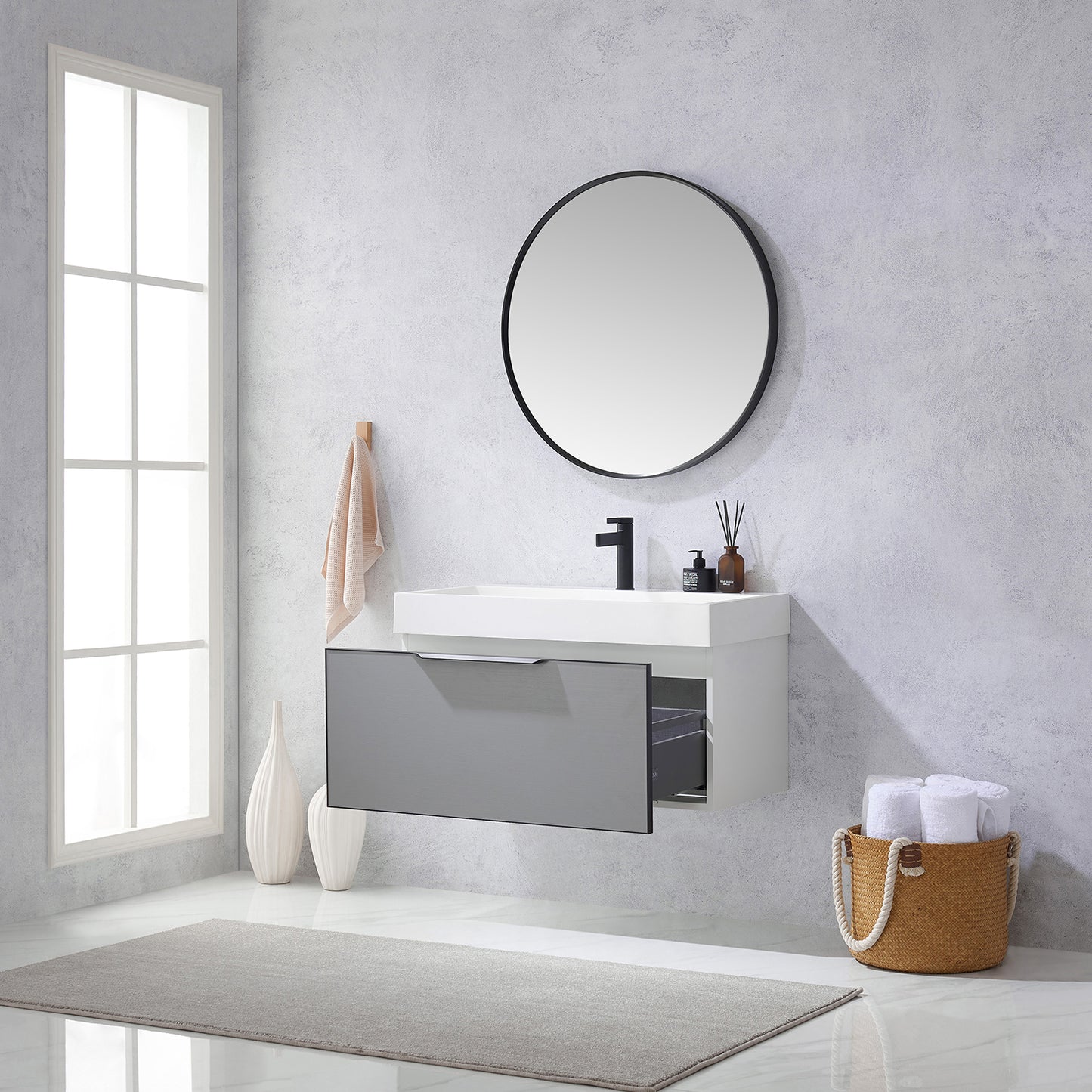 Vegadeo 36" Single Sink Bath Vanity in Grey with White One-Piece Composite Stone Sink Top and Mirror