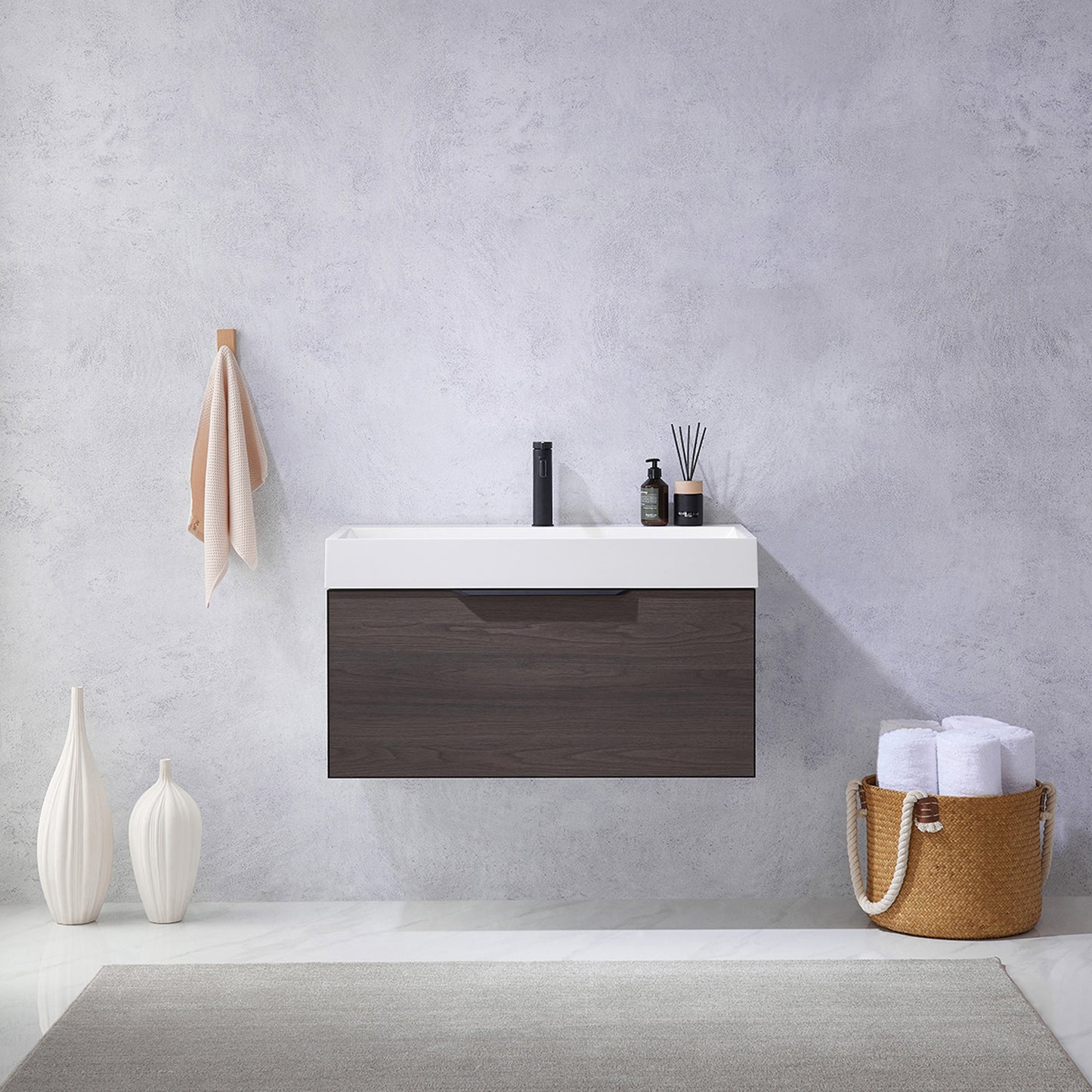 Vegadeo 36" Single Sink Bath Vanity in Suleiman Oak with White One-Piece Composite Stone Sink Top